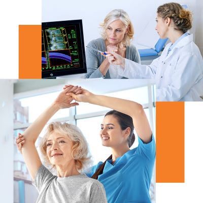 Collage of older women at the doctor