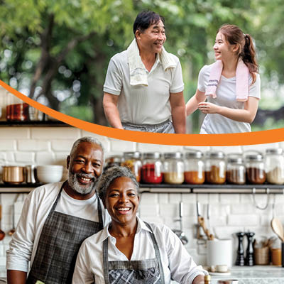Collage of people on a walk and people in a kitchen