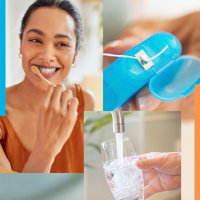 Collage of person brushing their teeth, dental floss and glass of water