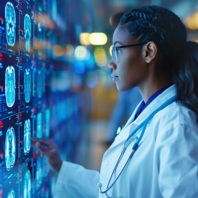 Doctor in white lab coat looking at scans of brain