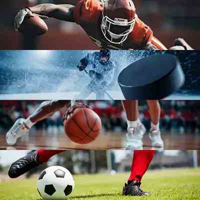 Collage of sports including football, hockey, basketball and soccer