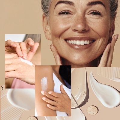 Collage or people applying moisturizer to skin