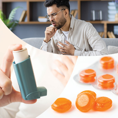 Collage of a hand holding an inhaler, a person coughing and orange medicine tablets